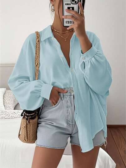 INAWLY Camisa de manga larga de unicolor para mujer, de moda para el verano