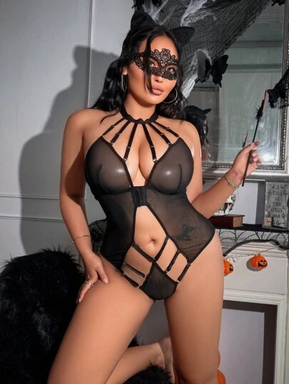 SHEIN 3 件套加大码性感网眼内衣套装，无钢圈，万圣节适用