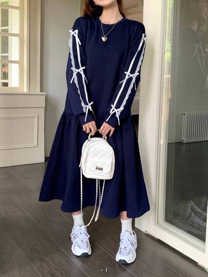 Teenage Girls Navy Blue Round Neck Sweatshirt Dress,Lace Bow Trim Thermal Lined Long Sleeve Dress,Autumn Y2k Sweet 16 Back-To-School Korean Outfits