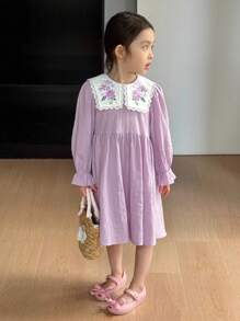 SHEIN Young Girl Floral Print Lapel Long Sleeve Dress, Casual, Korean Style, Cute, Suitable For Spring, Summer, Autumn, Winter Girls Autumn Dress Back To School  Embroidered Dress Kids Little Girls Purple Dress Girls Shirt Dress French Elegant  Girls Fall Dress Girls Long Sleeve Dress