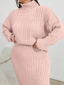 Conjunto de dos piezas de suéter de cuello alto de punto de cable y falda