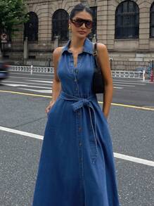 DAZY 女士休闲水洗牛仔无袖系带领连衣裙 夏季女装连衣裙 - 中等水洗藍 - 查看 4