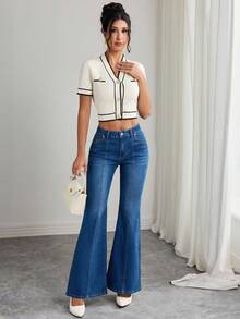 Elenzga Quần jeans ống loe ôm vừa vặn, giặt thường ngày dành cho nữ - Màu xanh lam - Xem 7