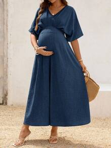SHEIN Maternity Solid Color V-Neck Batwing Short Sleeve Pleated Dress - Navy Blue - View 4