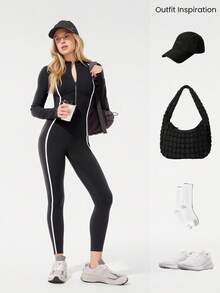 GLOWMODE Bộ jumpsuit dài tay 24" FeatherFit™-Air Bold Glow, chất liệu mềm mại, thoáng khí, thấm hút mồ hôi, khóa kéo phía trước, eo kiểu corset, sọc tương phản, lỗ xỏ ngón tay cái, lưng chữ V sâu, mút ngực có thể tháo rời, thích hợp cho hoạt động thể thao hàng ngày nhẹ nhàng, mùa xuân hè. - màu đen - Xem 9