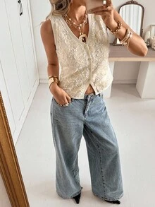 Siren Gaze 女装秋季新款3D花卉单排扣针织背心 - 杏色 - 查看 7