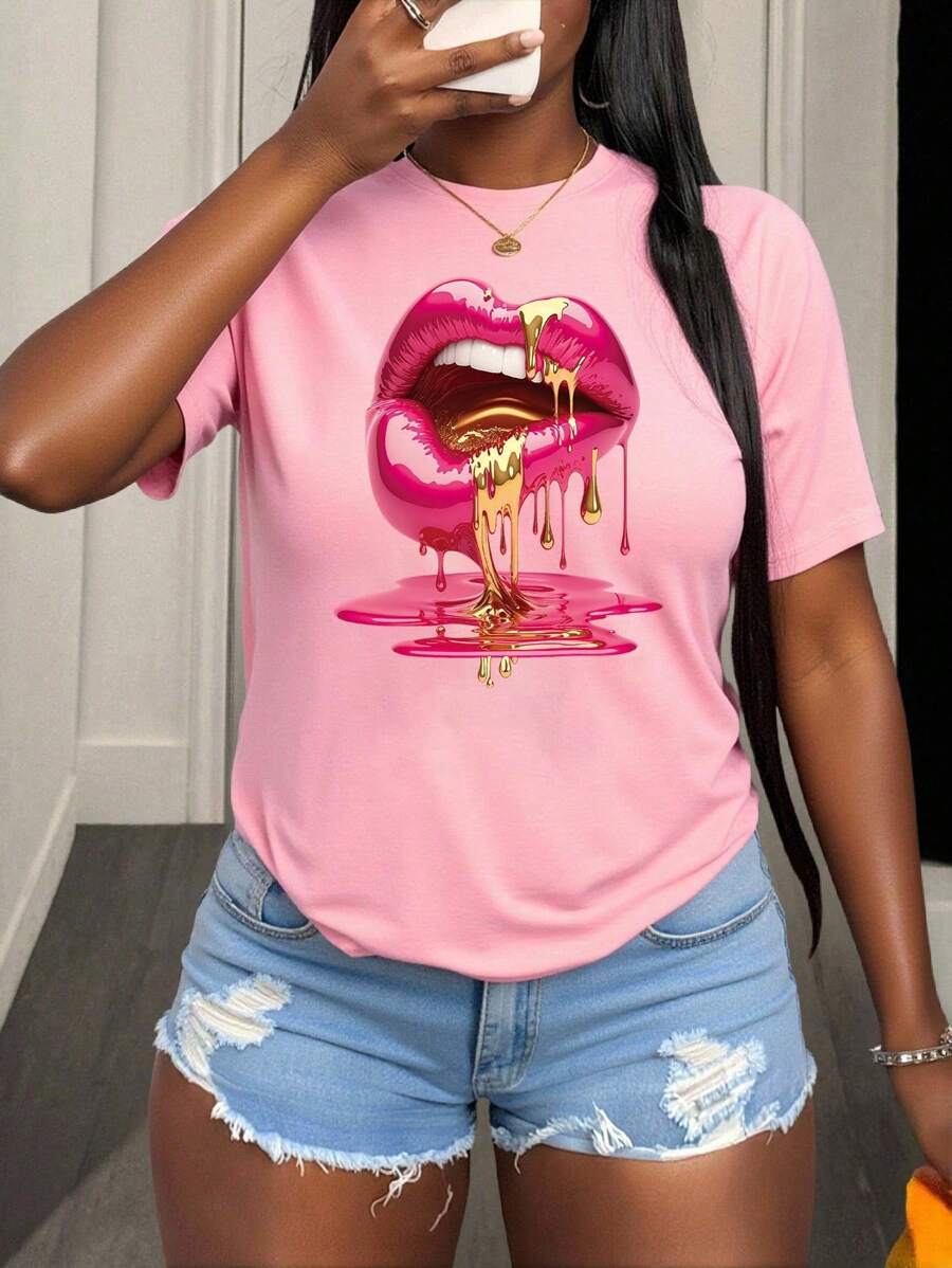 BamGleam 女士圆领短袖 T 恤，休闲唇印，春夏 - 粉色 - 查看 1