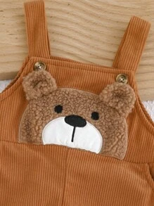 Cozy Pixies 男婴卡通熊图案背带裤/连体裤，百搭舒适的小熊背带裤，小熊摩卡色婴儿连体衣，男婴小熊套装，秋冬款 - 卡其色 - 查看 4