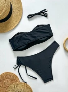 Swim Basics 2pcs Baju Renang Wanita Musim Panas Rajut Warna Polos dengan Tali Serut dan Simpul - Hitam - View 5