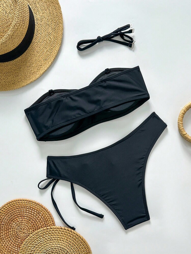 Swim Basics 2件組素色針織抽繩打結夏季女款泳衣 - 黑色 - 查看 5