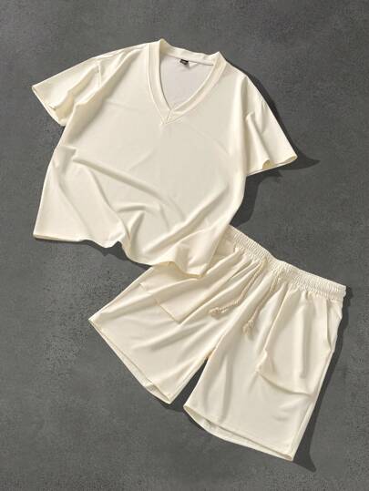 Manfinity Homme 2pcs/Set Men's Solid Color Short Sleeve T-Shirt And Drawstring Shorts Set