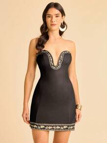 CAJUNI Vestido mini impreso con parte superior tubo sin mangas, cintura en línea A, base negra con estampado de plátano amarillo de posicionamiento local, adecuado para vacaciones, citas, fiestas y vuelta al colegio