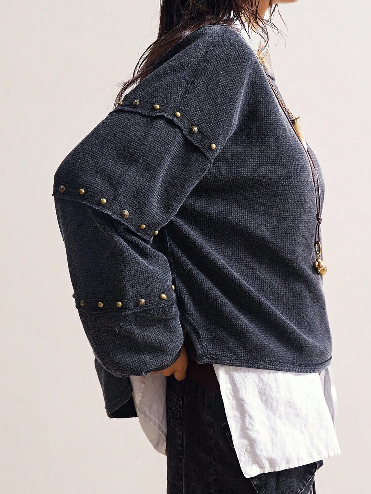 Bohemela 秋冬波西米亚风休闲纯色针织长袖宽松水洗女式运动衫 - 黑色 - 查看 4