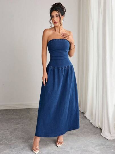 Elenzga 女式纯色露肩无袖牛仔连衣裙