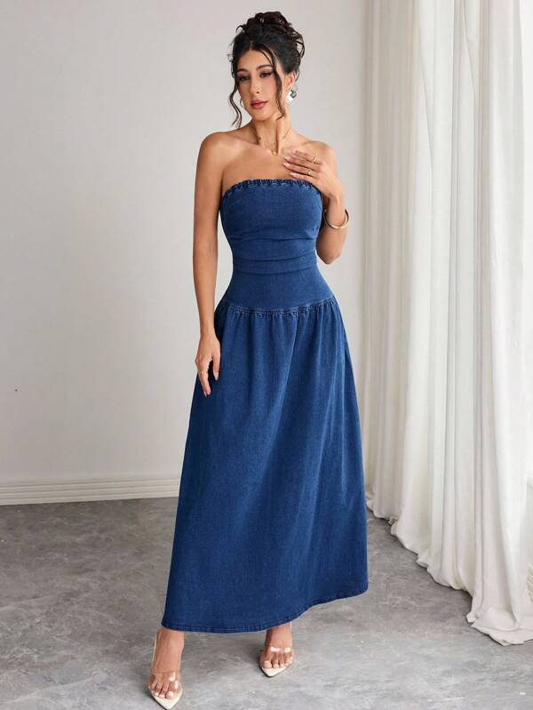 Elenzga 女式纯色露肩无袖牛仔连衣裙