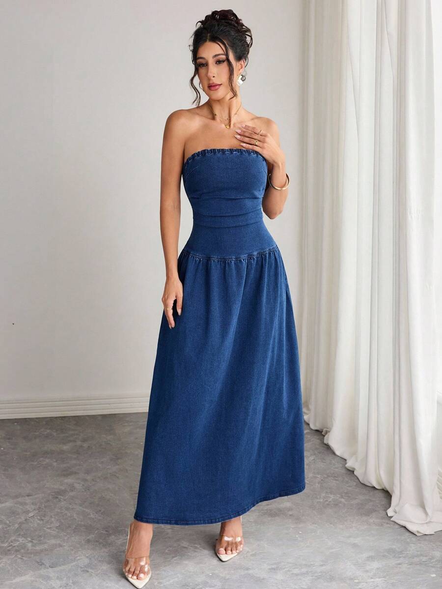 Elenzga Váy denim không tay, không dây màu trơn dành cho nữ - Màu xanh lam - Xem 1