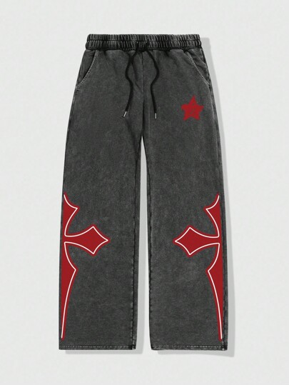 Goth Men's Casual Snowflake & Cross Print Straight Leg Pants