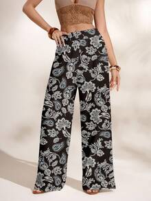 Shutterstock Glamance 女士印花图案休闲日常裤 波西米亚风裤 阔腿裤 花卉印花裤 佩斯利花纹裤 夏威夷风情女装 - 黑與白 - 查看 3