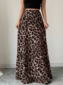 SHEIN Tall A-Line Leopard Print Elastic Waist Women's Skirt - Coffee Brown - View 3