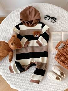 SHEIN 新生儿男女宝宝可爱秋冬休闲条纹卡通熊图案连帽抓绒连体衣，卡其色条纹婴儿服装，新生儿男女宝宝冬季服装，男宝宝服装，熊条纹男宝宝套装，男宝宝连帽连体衣 - 彩色 - 查看 9