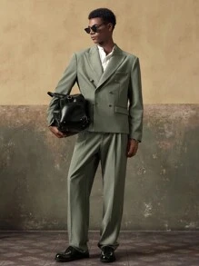 AKNOTIC Business Casual 2pcs Men's Woven Casual Loose Fit Long Sleeve Jacket And Straight Leg Pants Set - Olive Green - View 5