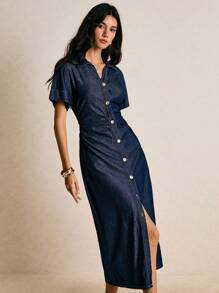 Poéselle 新款女式牛仔连衣裙短袖前襟收腰紧身长裙深蓝色连衣裙秋季女士连衣裙返校万圣节服装女教师连衣裙婚礼宾客连衣裙女式商务休闲装女式约会夜装 - 深色水洗藍 - 查看 2