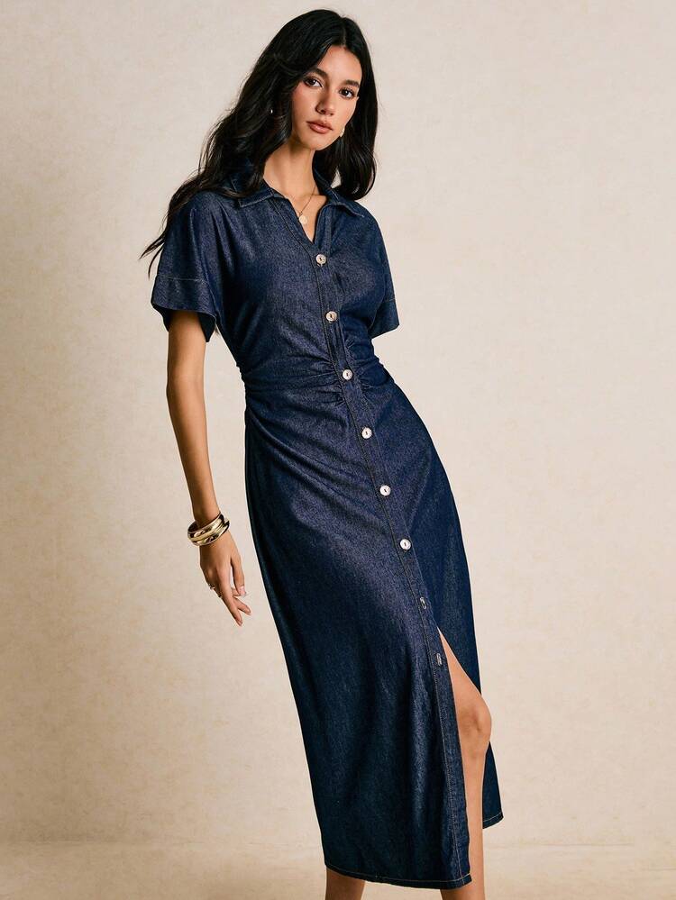 Poéselle 新款女式牛仔连衣裙短袖前襟收腰紧身长裙深蓝色连衣裙秋季女士连衣裙返校万圣节服装女教师连衣裙婚礼宾客连衣裙女式商务休闲装女式约会夜装 - 深色水洗藍 - 查看 2