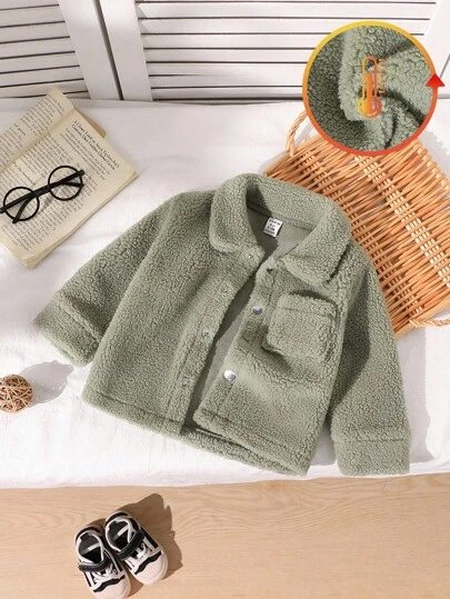 SHEIN Playful Pals 1pc Baby Boy Vintage Faux Fur Jacket | Toddler Thicken Fleece Outerwear | Infant Autumn Winter Fashion Coat | Young Boys Solid Color Lapel Single-Breasted Jacket | Baby Boy Casual Solid Color Thick Tops Fall