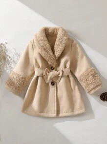 Souflis Souflis 女婴幼儿新生儿优雅毛领外套，保暖冬季秋季夹克 - 杏色 - 查看 3