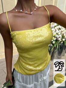 SHEIN EZwear 女士夏季性感黄色亮片露背吊带背心 - 黃色 - 查看 4