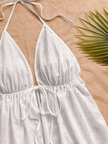 Soleia Casual V-Neck Tie Backless Textured Fabric Red Tank Top