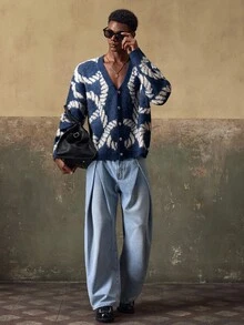 AKNOTIC Men's Casual Fashion - Loose Button - Cardigan Sweater - Contrast Jacquard - Machine Washable Or Dry Clean - Suitable For Autumn/Winter - Navy Blue - View 2