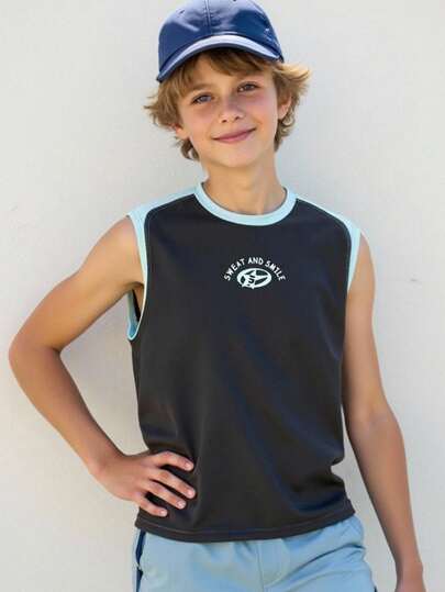 JNSQ Ropa de vuelta al colegio, Parte superior deportiva informal y holgada con estampado de letra en el pecho de color contrastante para niño preadolescente, Parte superior deportiva informal y holgada con estampado de letra en el pecho de color contrastante para niños