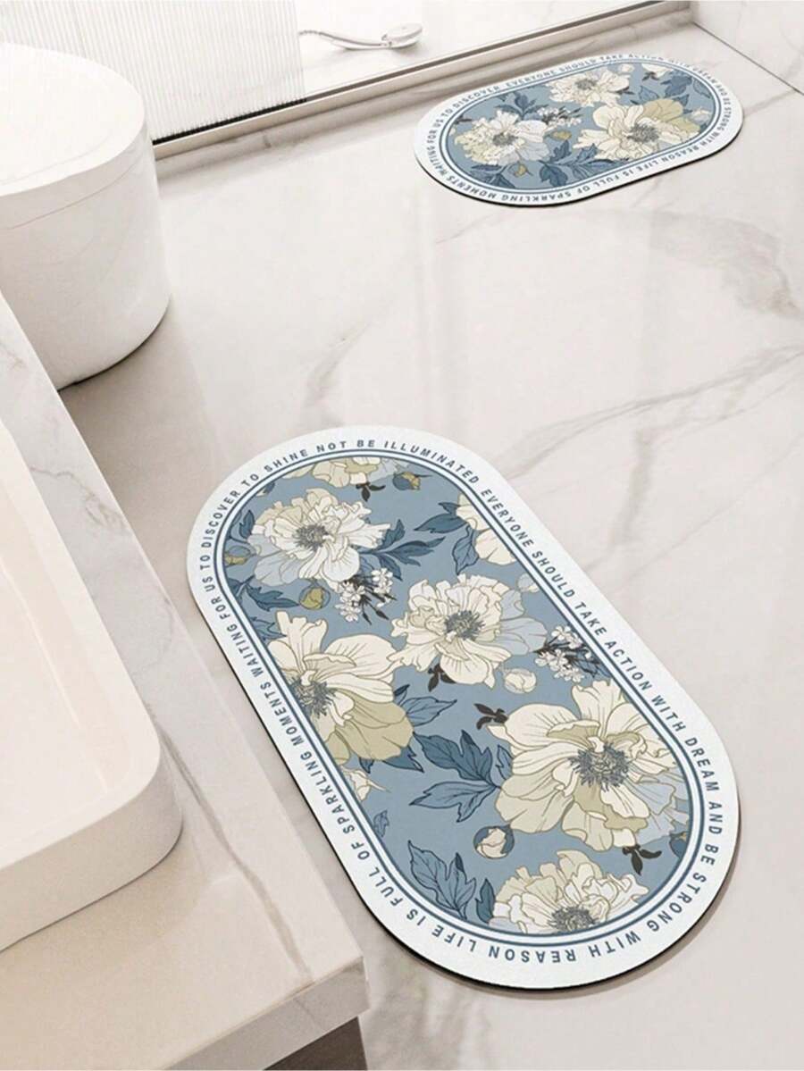 SHEIN 1 pieza Alfombra antideslizante y absorbente para baño, alfombra de diatomita con diseño floral azul, alfombra de baño con patrón vintage, alfombra en forma de U para inodoro, alfombra para lavabo, alfombra de baño de 2.5 mm de grosor, decoración de verano para el baño, accesorios de baño, de vuelta al colegio