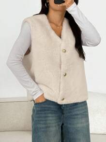 SHEIN EZwear 秋冬休闲时尚百搭无袖纽扣保暖女式仿皮草大衣 - 白色 - 查看 1