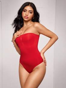 Women's Solid Color Seamless Strapless Bodysuit - Red - View 4