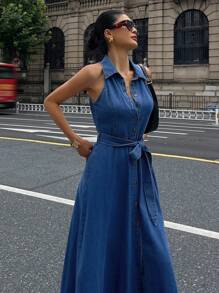 DAZY 女士休闲水洗牛仔无袖系带领连衣裙 夏季女装连衣裙 - 中等水洗藍 - 查看 1