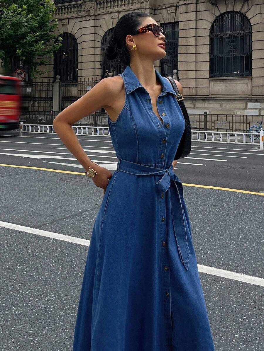 DAZY 女士休闲水洗牛仔无袖系带领连衣裙 夏季女装连衣裙 - 中等水洗藍 - 查看 1