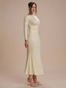 Modelyn Women's Elegant Solid Color Asymmetric Collar Fitted Mermaid Dress - Yellow - View 6