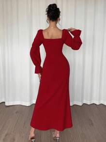 Rafferiza Váy dài tay xẻ eo cao tay sen màu hồng thanh lịch, phù hợp cho nữ, váy ngày lễ tình nhân - Đỏ - Xem 2