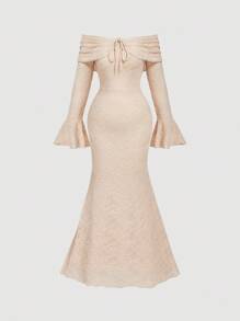 SHEIN MOD Plus Size Women's Apricot Lace Off Shoulder Elegant Maxi Dress, Suitable For New Year, Valentine's Day, Date, Party, Daily Commute, Elegant Vacation,Wedding Guest Dress Women