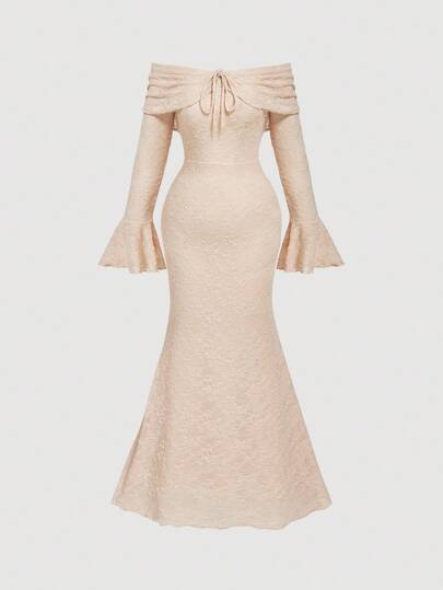 SHEIN MOD 大码女式杏色蕾丝露肩优雅长裙，适合新年、情人节、约会、派对、日常通勤、优雅度假