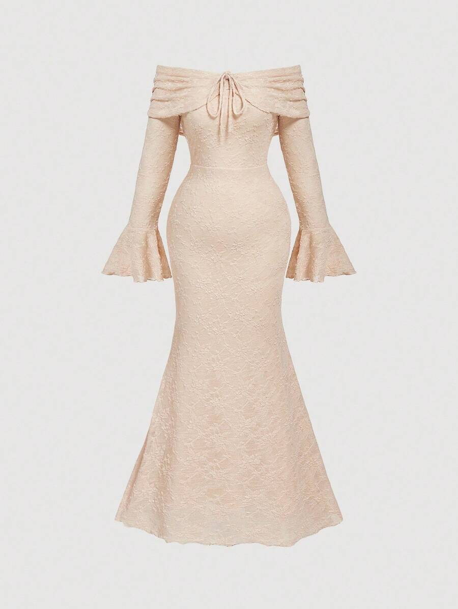 SHEIN MOD Plus Size Women's Apricot Lace Off Shoulder Elegant Maxi Dress, Suitable For New Year, Valentine's Day, Date, Party, Daily Commute, Elegant Vacation,Wedding Guest Dress Women