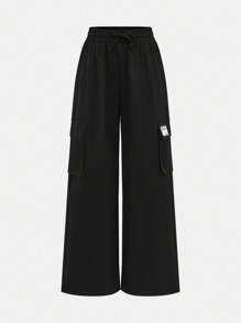 SHEIN 青少年女孩休闲针织高领长袖上衣和宽松工装口袋裤套装，非常适合秋冬街头穿着，周末休闲外出，母子装，青少年装，黑色青少年装，黑色工装裤套装，返校服装 - 黑色 - 查看 13