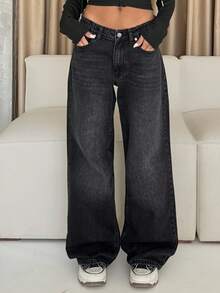 EURMUSE QUẦN JEAN ĐEN THẲNG CỠ THẤP DÀNH CHO NỮ - màu đen - Xem 3