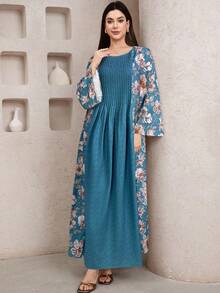 Al Najma Women's Floral Print Patchwork Pleated Dress - Green - View 4