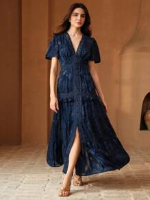 Anewsta 女装春夏音乐节波西米亚短袖蕾丝拼接蓝色优雅连衣裙 - 藏蓝色 - 查看 5