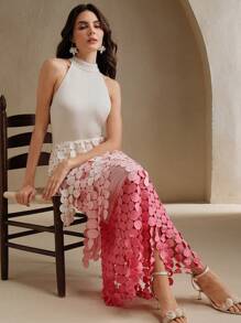 Anewsta 女装春夏音乐节挂脖镂空新款针梭织拼布流苏粉杏色无袖连衣裙 - 彩色 - 查看 6