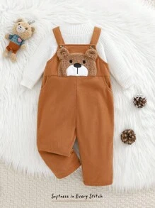 Cozy Pixies 男婴卡通熊图案背带裤/连体裤，百搭舒适的小熊背带裤，小熊摩卡色婴儿连体衣，男婴小熊套装，秋冬款 - 卡其色 - 查看 7