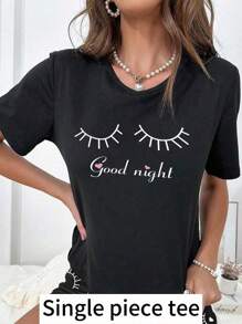 Eyelash Letter Print Crew Neck Knit Short Sleeve Sleepwear Top - Black - View 6